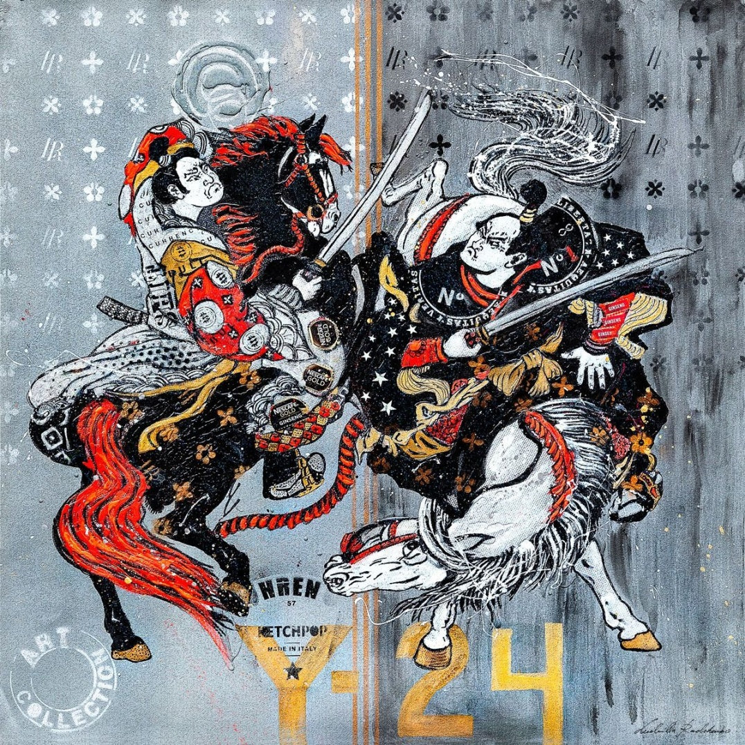 FullArt Samurai Fighting , Artistico  Foulard Unisex Firmato - 140X140cm, Multiplo d’arte da indossare, limited edition