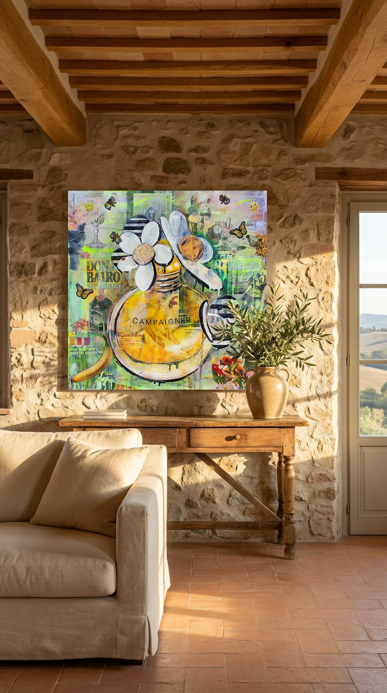 Campaigner artwork in a rustic Italian casale interior