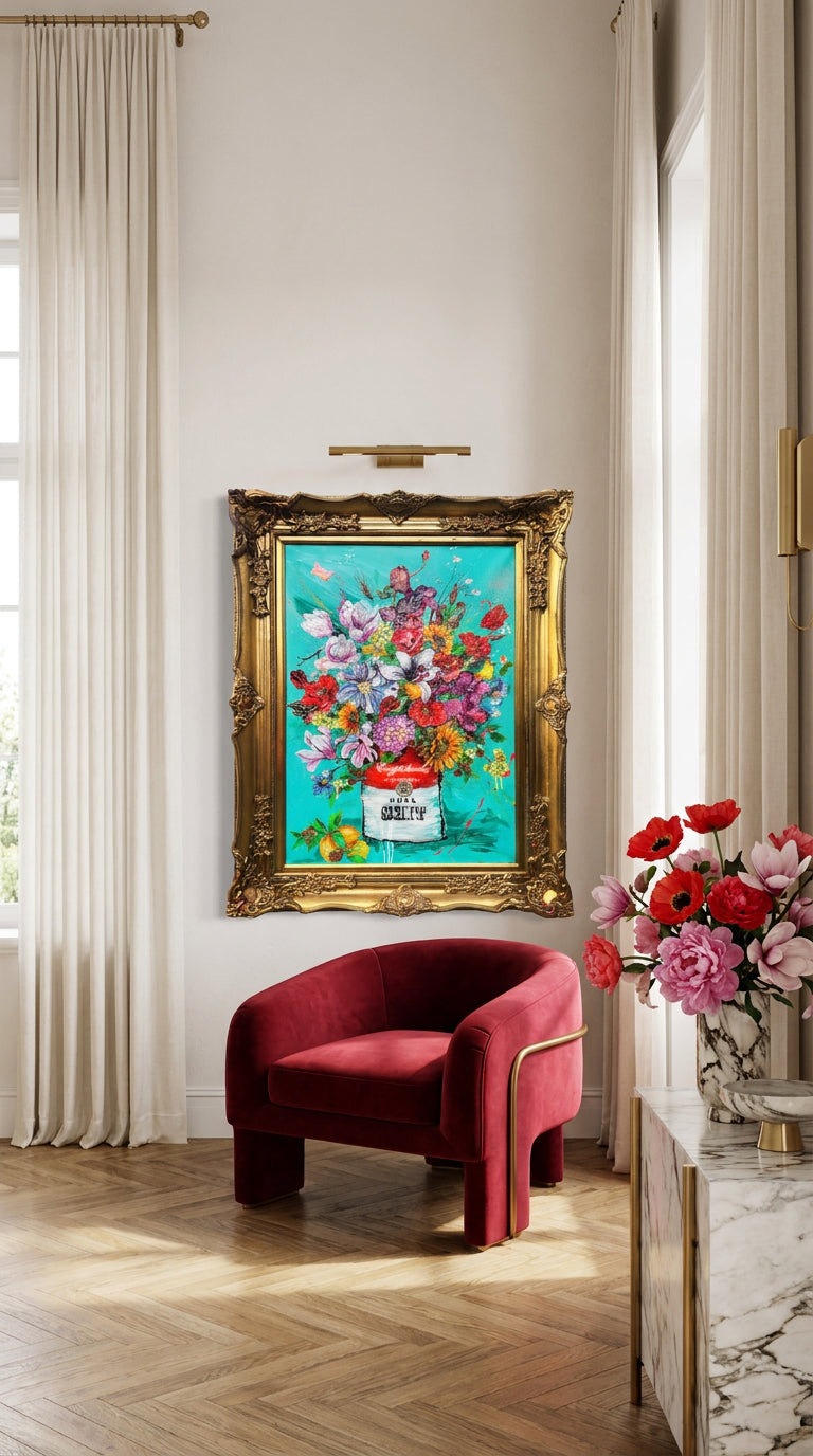 Crypto Flowers artwork in an eclectic modern-classic interior