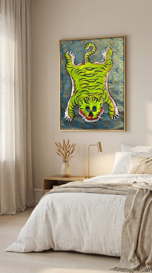 Acid Green Tiger — Hand-painted Original on Papyrus