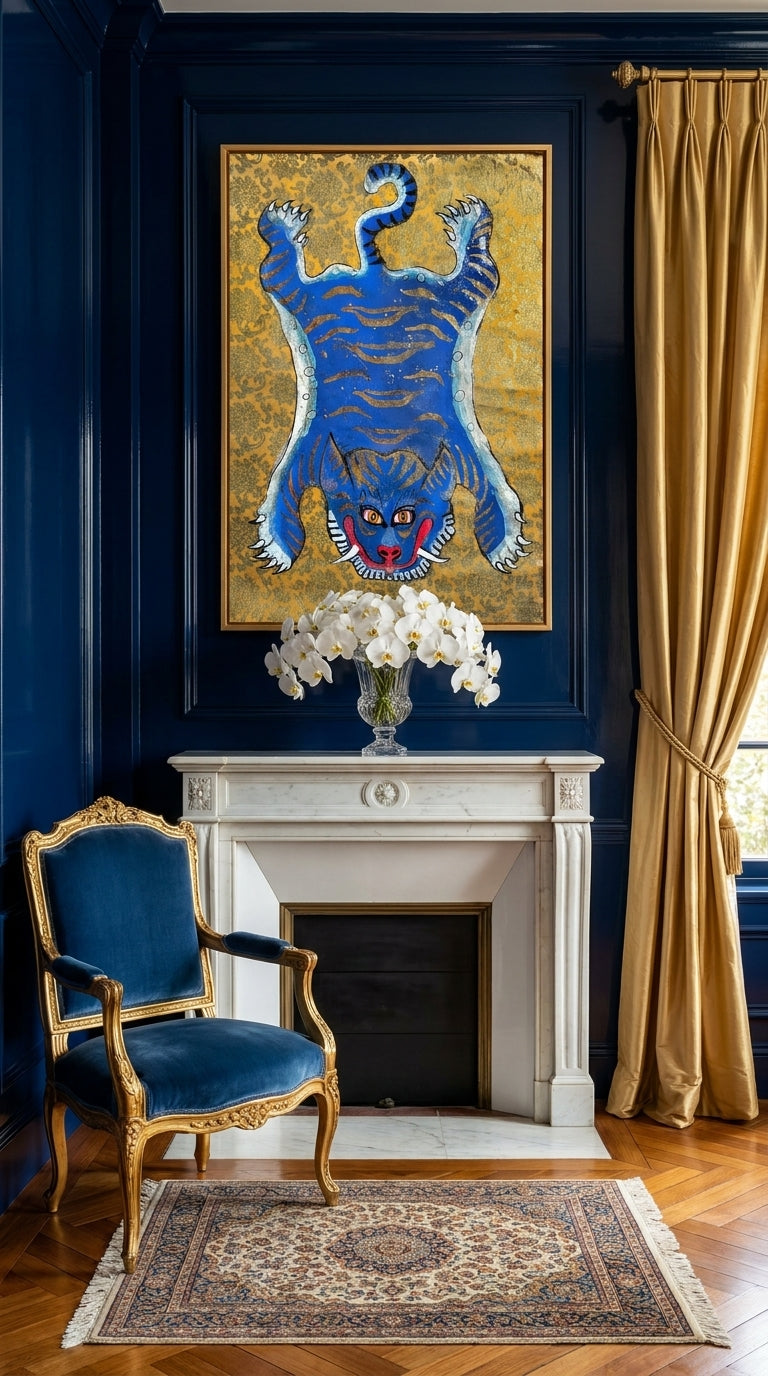 Sapphire Tiger — Hand-painted Original on Papyrus